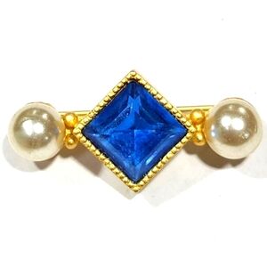 Vtg 1980s MFA Museum of Fine Arts Blue Glass Faux Learl Pin Brooch